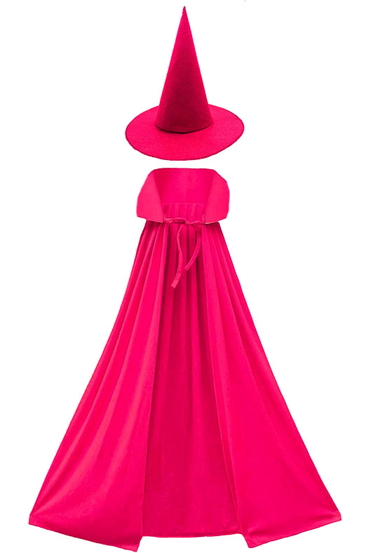 Yetişkin Boy 120 cm Fuşya Pembe Yakalı Pelerin ve Fuşya Cadı Şapkası