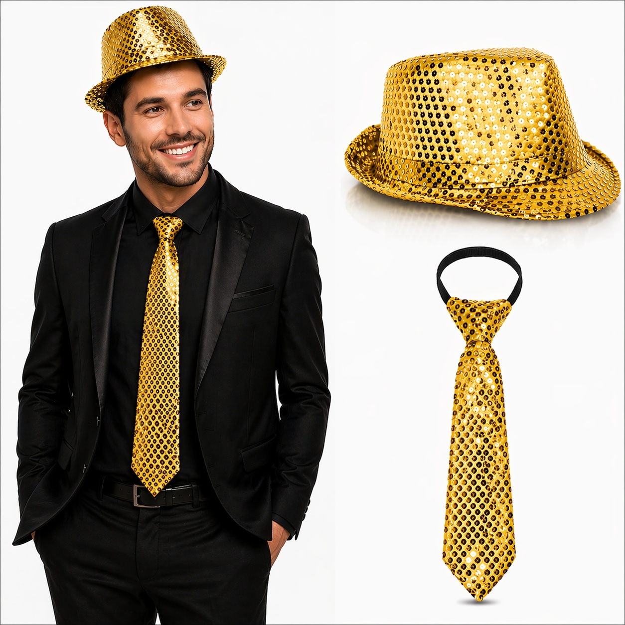 Altın Gold Payetli Şapka ve Kravat Seti – Işıltılı Parti Kombini