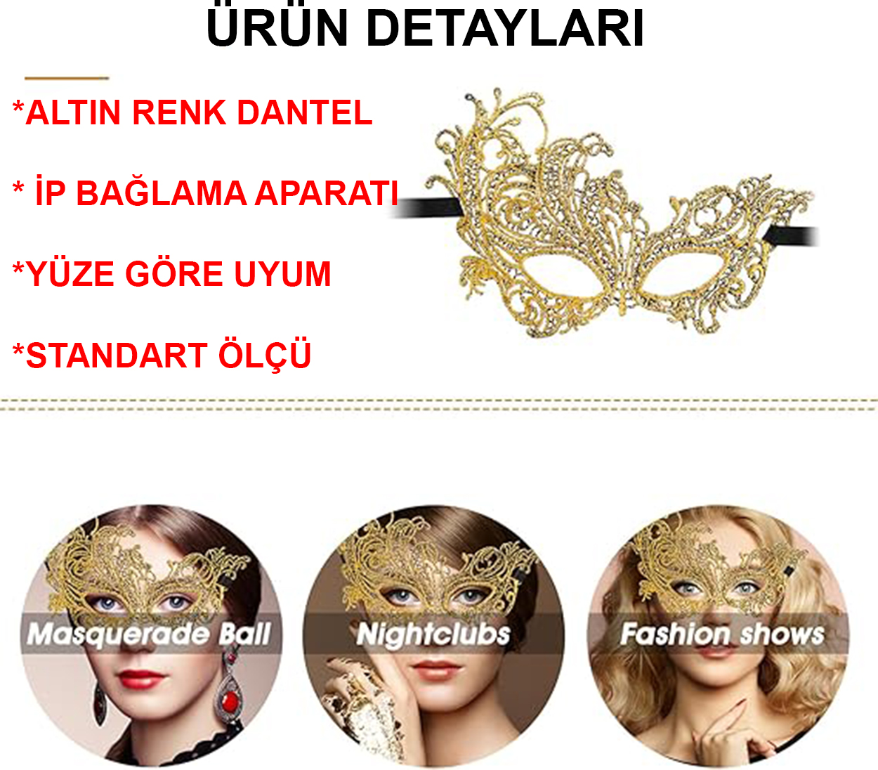 Altın Renk Dantel Maske Dantelli Parti Maskesi 16 No