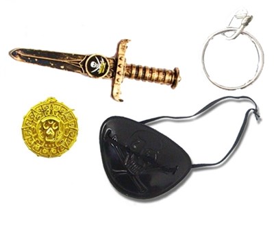 Altın Renk Plastik Korsan Bıçak Göz Bandı Küpe ve Yüzük Seti