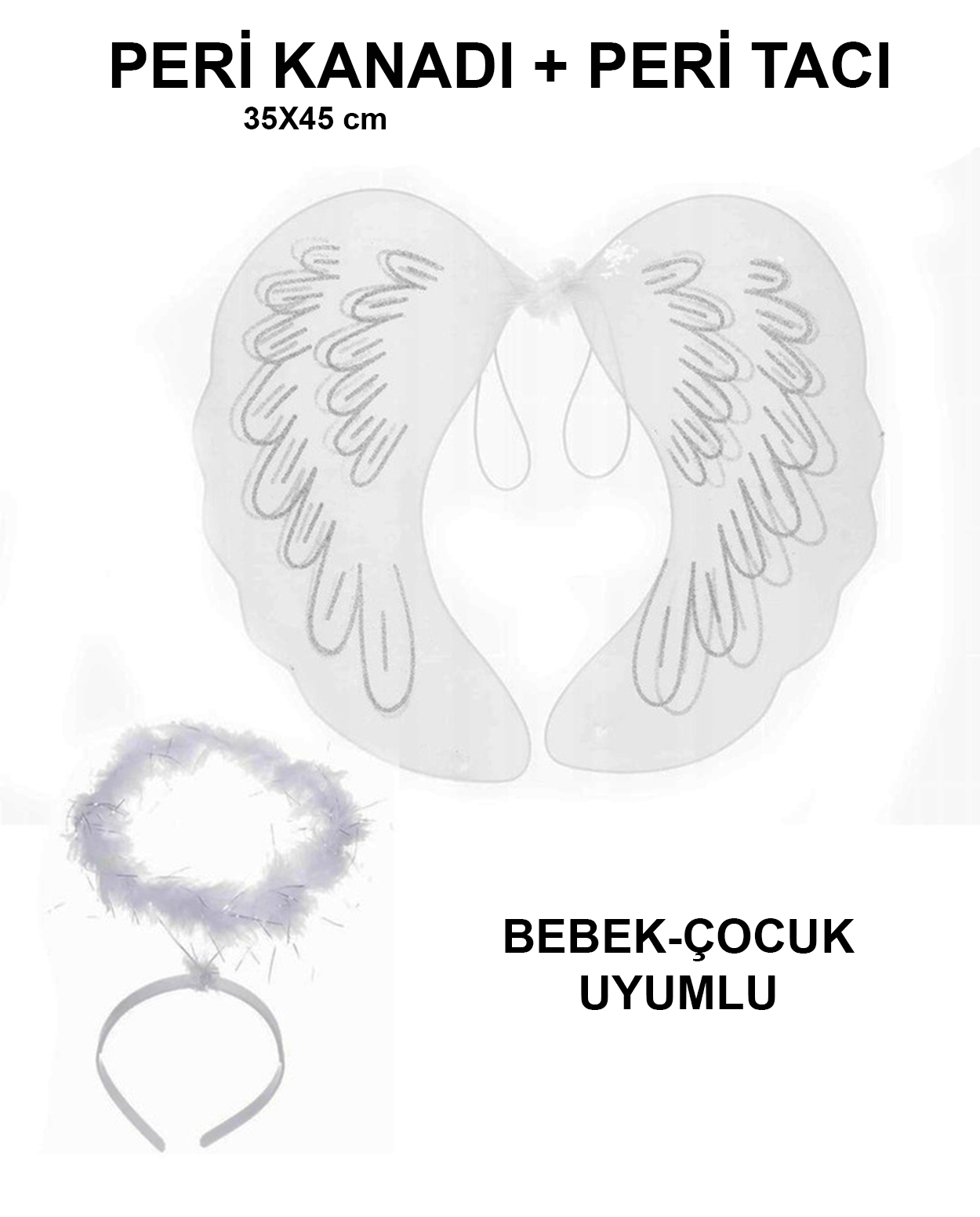 Beyaz Dantel Tüllü Peri Kanadı ve Peri Tacı Seti 45x40 cm