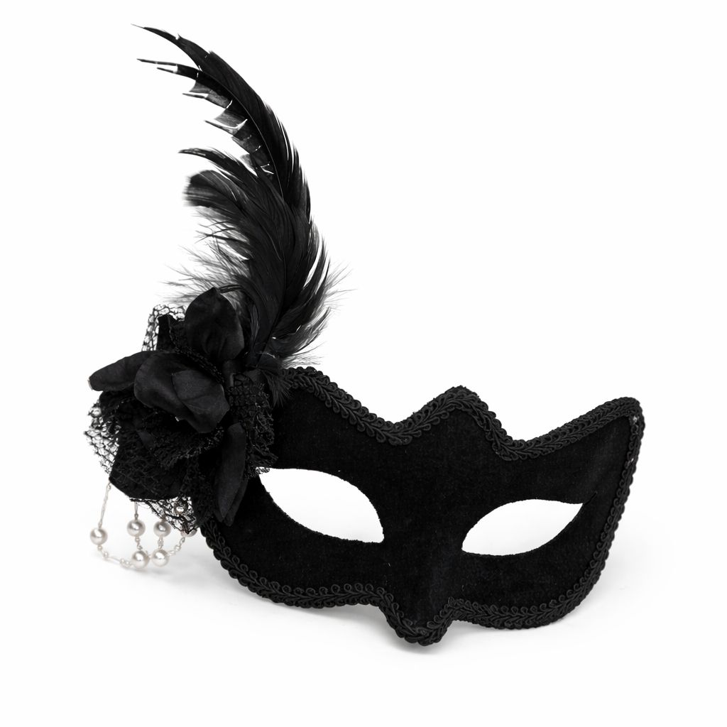 Beyaz İnci Detaylı Siyah Süet Venedik Kadın Maskesi Tüylü Güllü