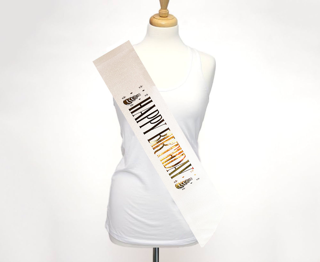 Beyaz Üzeri Altın Büyük Happy Birthday Yazılı Simli Işıltılı Kuşak Kemer 10 cm Genişlik