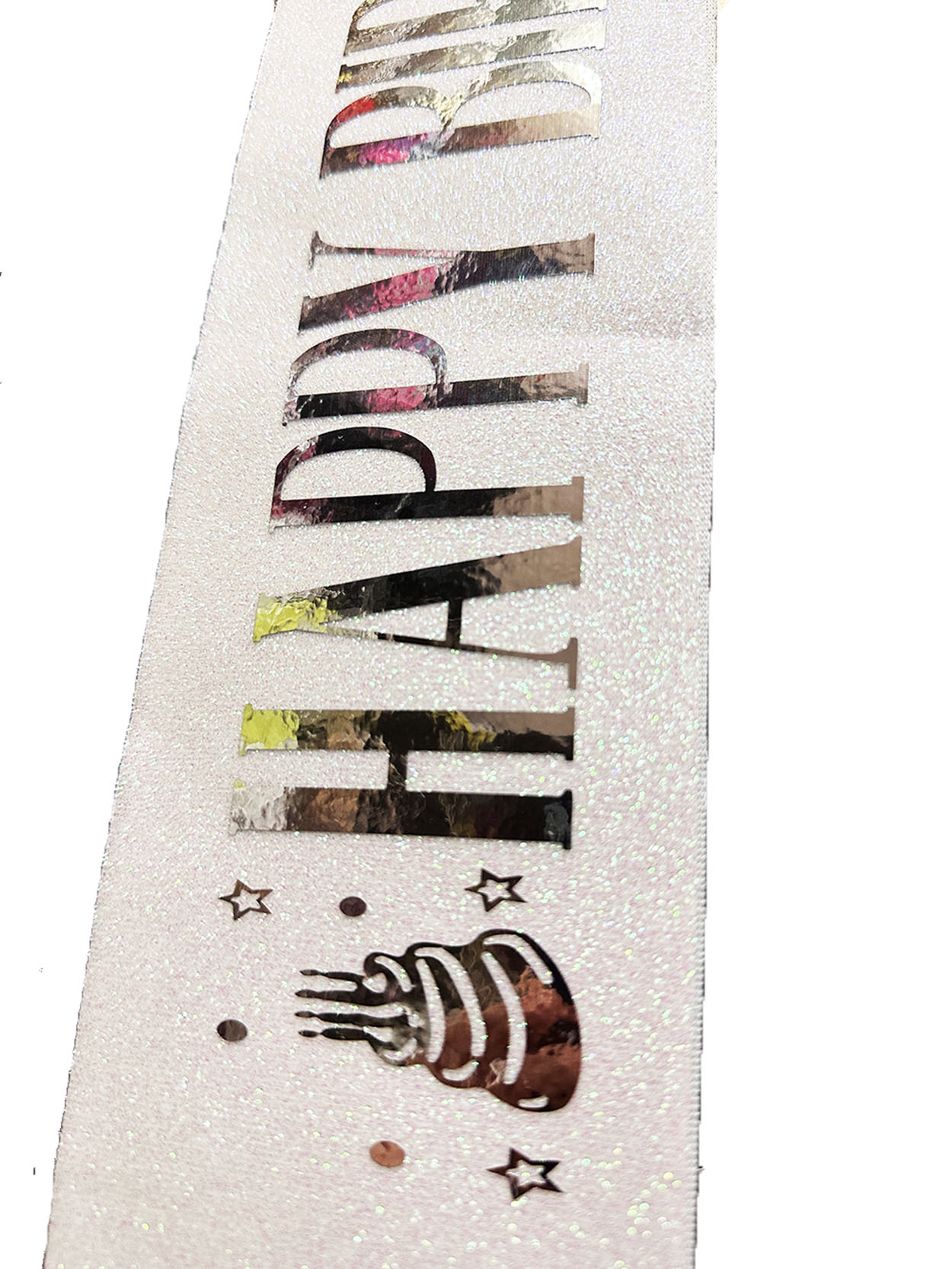 Beyaz Üzeri Gümüş Büyük Happy Birthday Yazılı Simli Işıltılı Kuşak Kemer 10 cm Genişlik