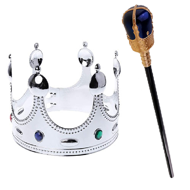 Çocuk Boy Gümüş Renk Kral Tacı ve Mavi Topuzlu Kral Asası