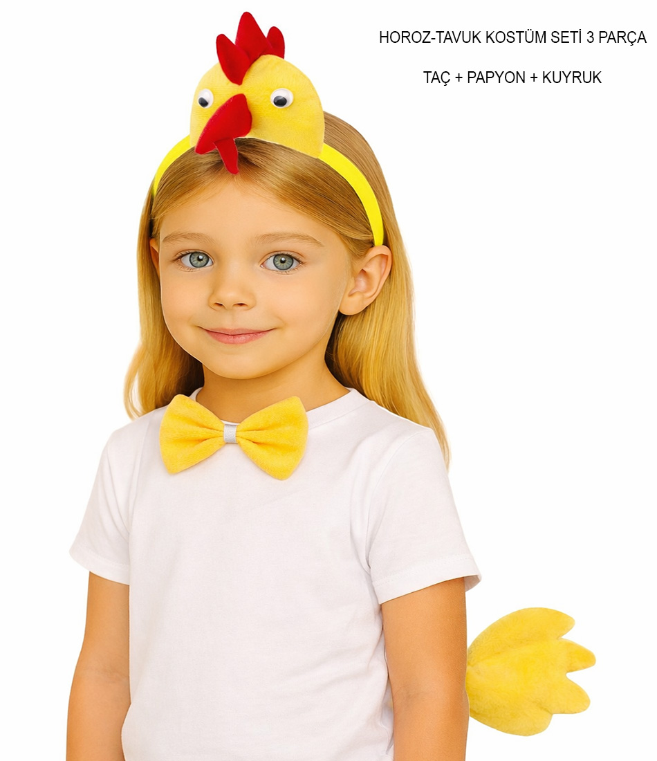 Çocuk Horoz Tavuk Kostüm Seti 3 Parça (Taç + Papyon + Kuyruk)