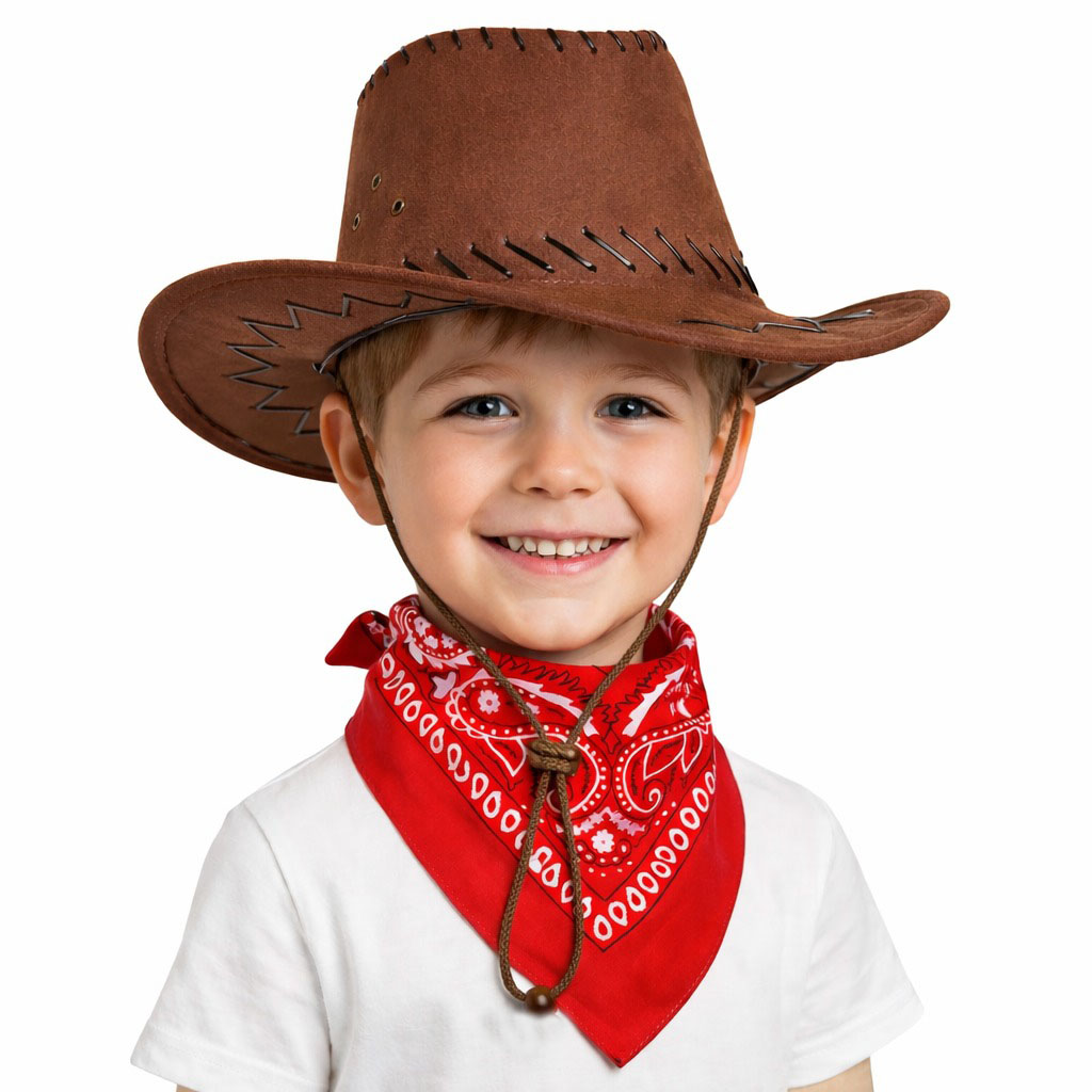 Çocuk Kovboy Şapka Kahverengi & Kırmızı Bandana Seti