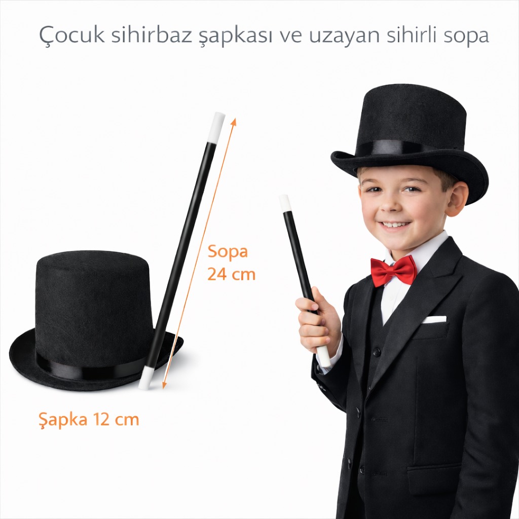 Çocuk Sihirbaz Şapkası ve Uzayan Yaylı Sihirli Sopa Seti