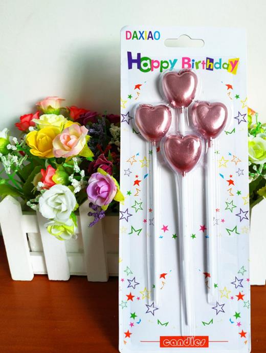 Çubuklu Metalize Kalp Mum Doğum Günü Mumu Pembe