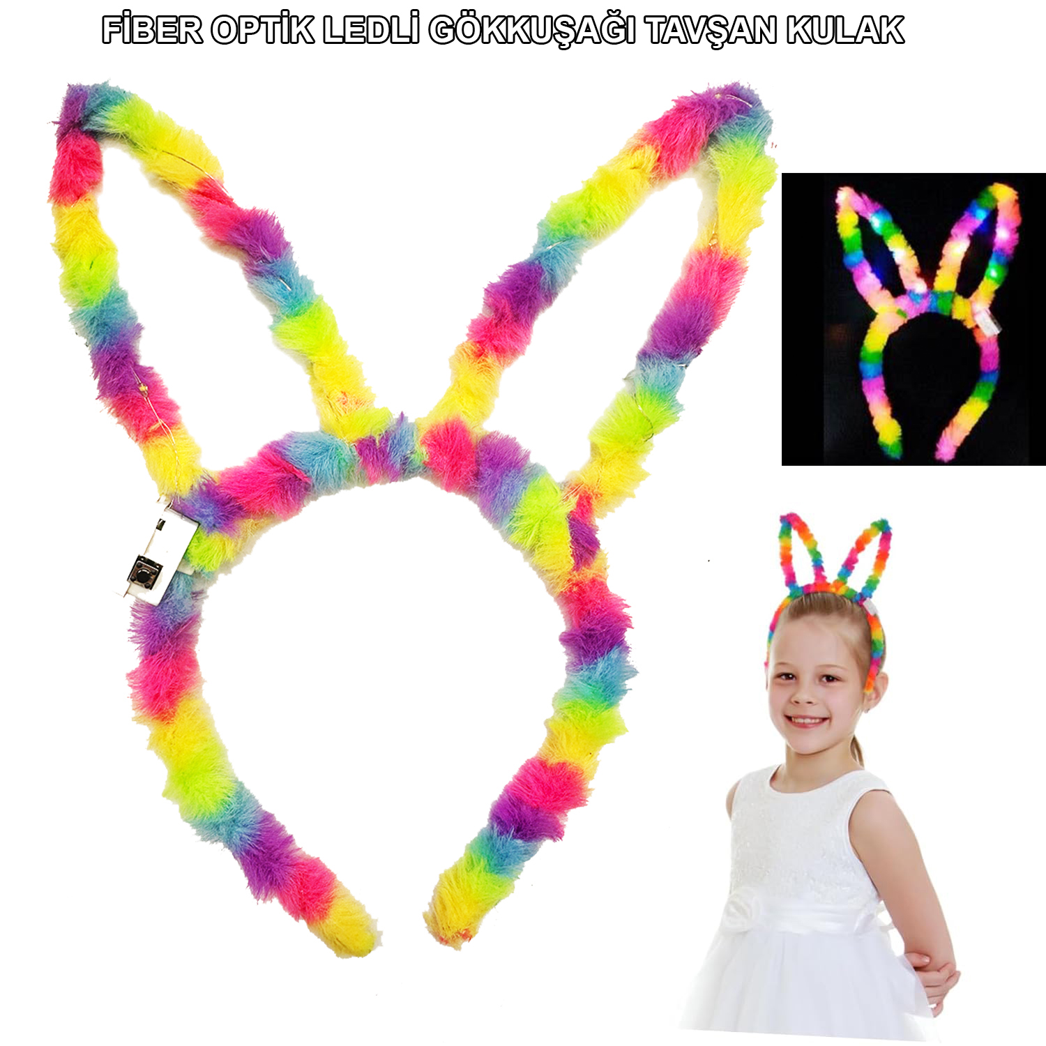 Fiber Optik LED'li Gökkuşağı Tavşan Kulak 17x23 cm