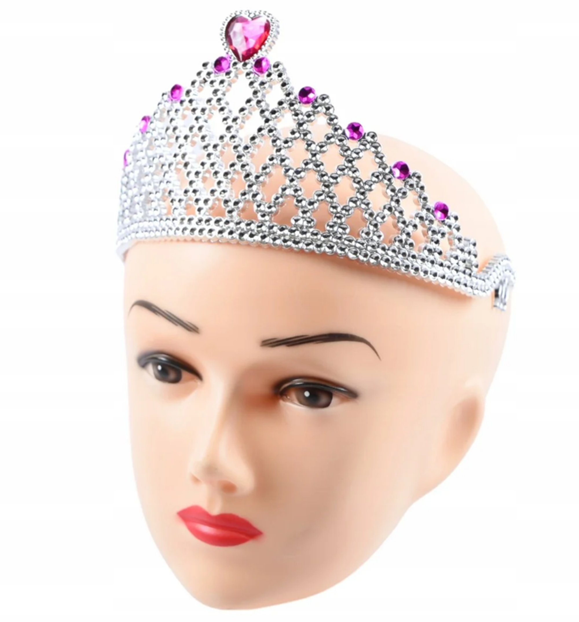 Fuşya Kalpli Gümüş Renk Kraliçe Tacı Prenses Tacı 