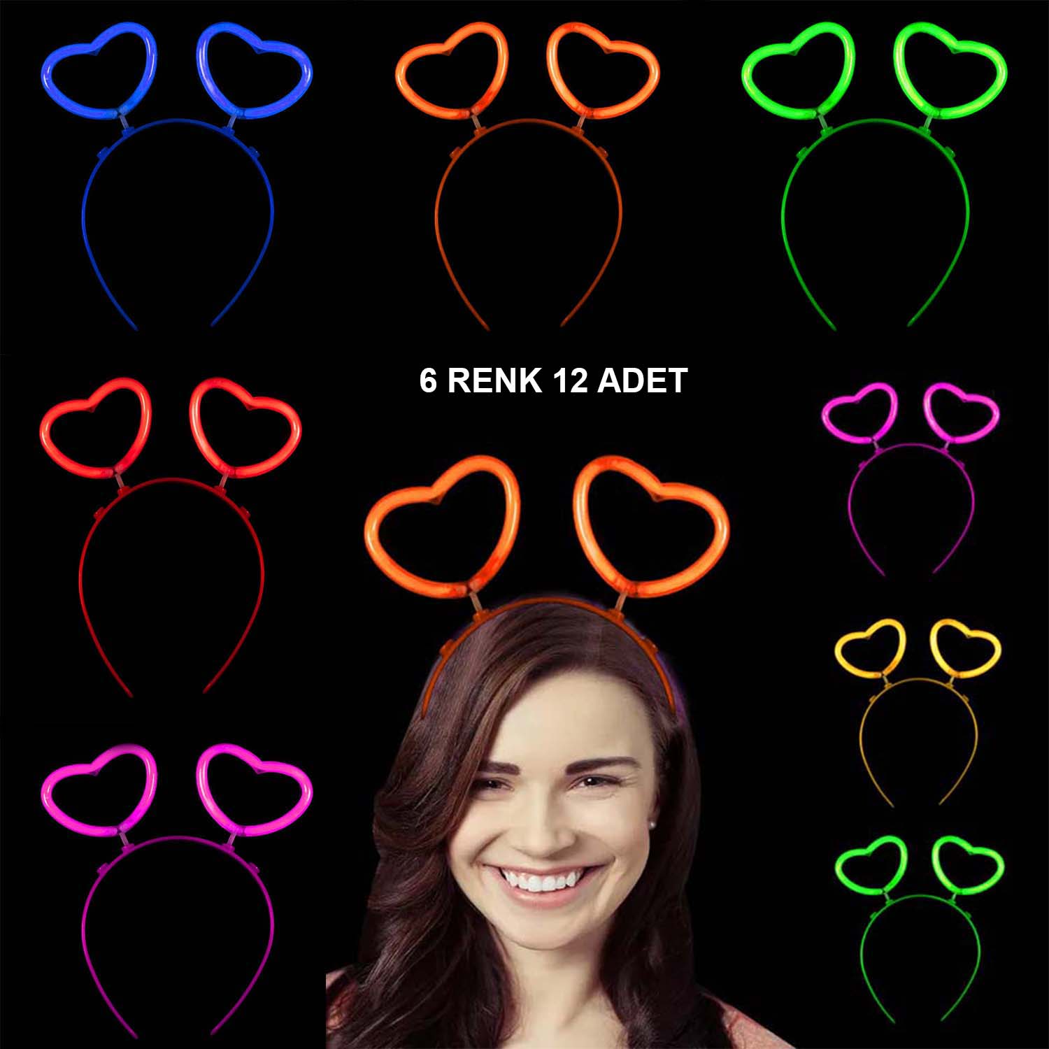 Glow Karanlıkta Yanan Fosforlu Kalp Taç 12 Adet