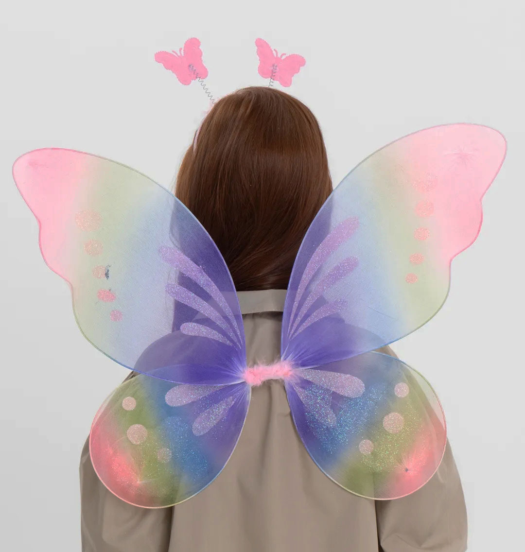 Gökkuşağı Renk Çocuk Kelebek Kanadı Tacı ve Asası Gösteri Kanadı 50x42 cm