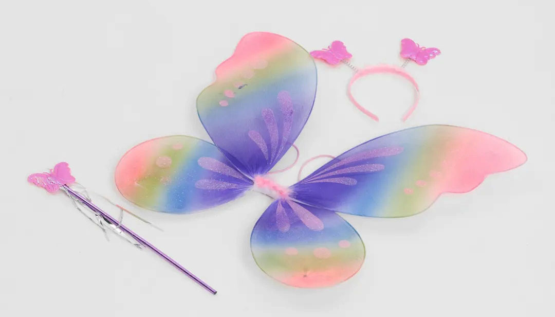 Gökkuşağı Renk Çocuk Kelebek Kanadı Tacı ve Asası Gösteri Kanadı 50x42 cm