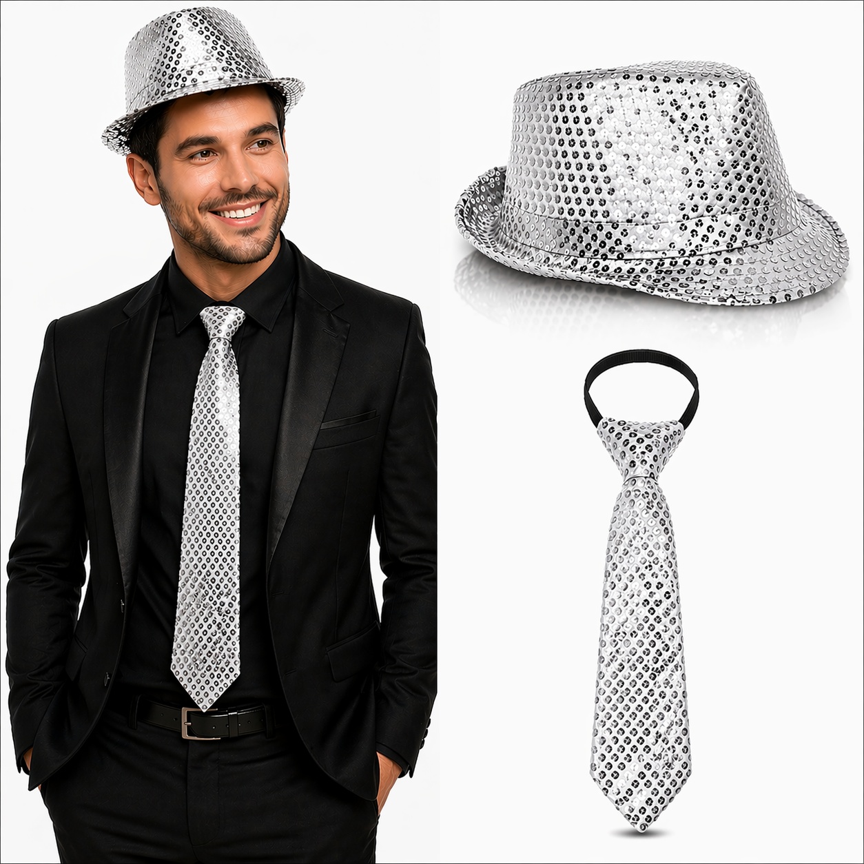 Gümüş Payetli Şapka ve Kravat Seti – Işıltılı Parti Kombini