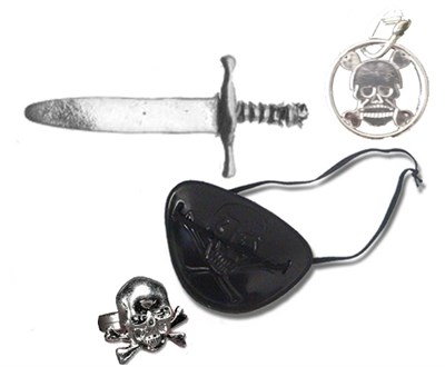 Gümüş Renk Plastik Korsan Bıçak Göz Bandı Küpe ve Yüzük Seti