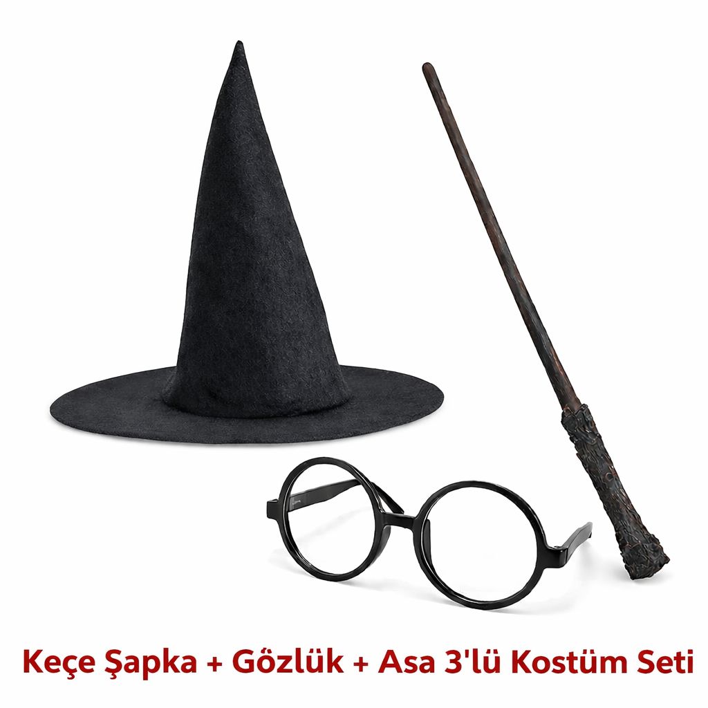 Harry Potter Tarzı Çocuk Seti (Siyah Keçe Şapka, Asa, Gözlük) 