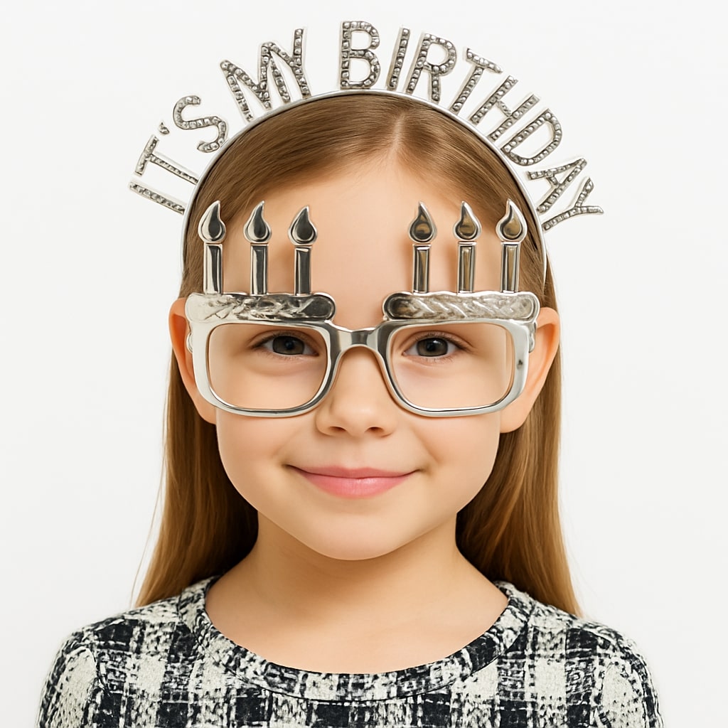 İt's My Birthday Yazılı Taç ve Mum Şekilli Gözlük Seti Gümüş Renk