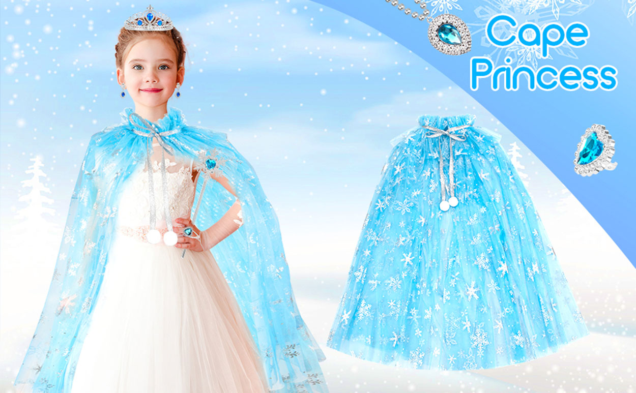 Karlar Ülkesi Elsa Frozen Mavi Pelerin – 80 cm Kar Desenli Çocuk Pelerini ( Taç Hariç )