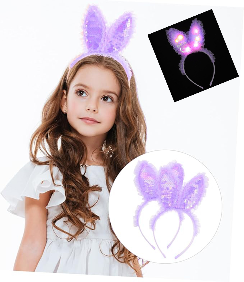 Kenarları Dantelli Mor Pullu Payetli Led Işıklı Tavşan Kulak Taç 23x19 cm