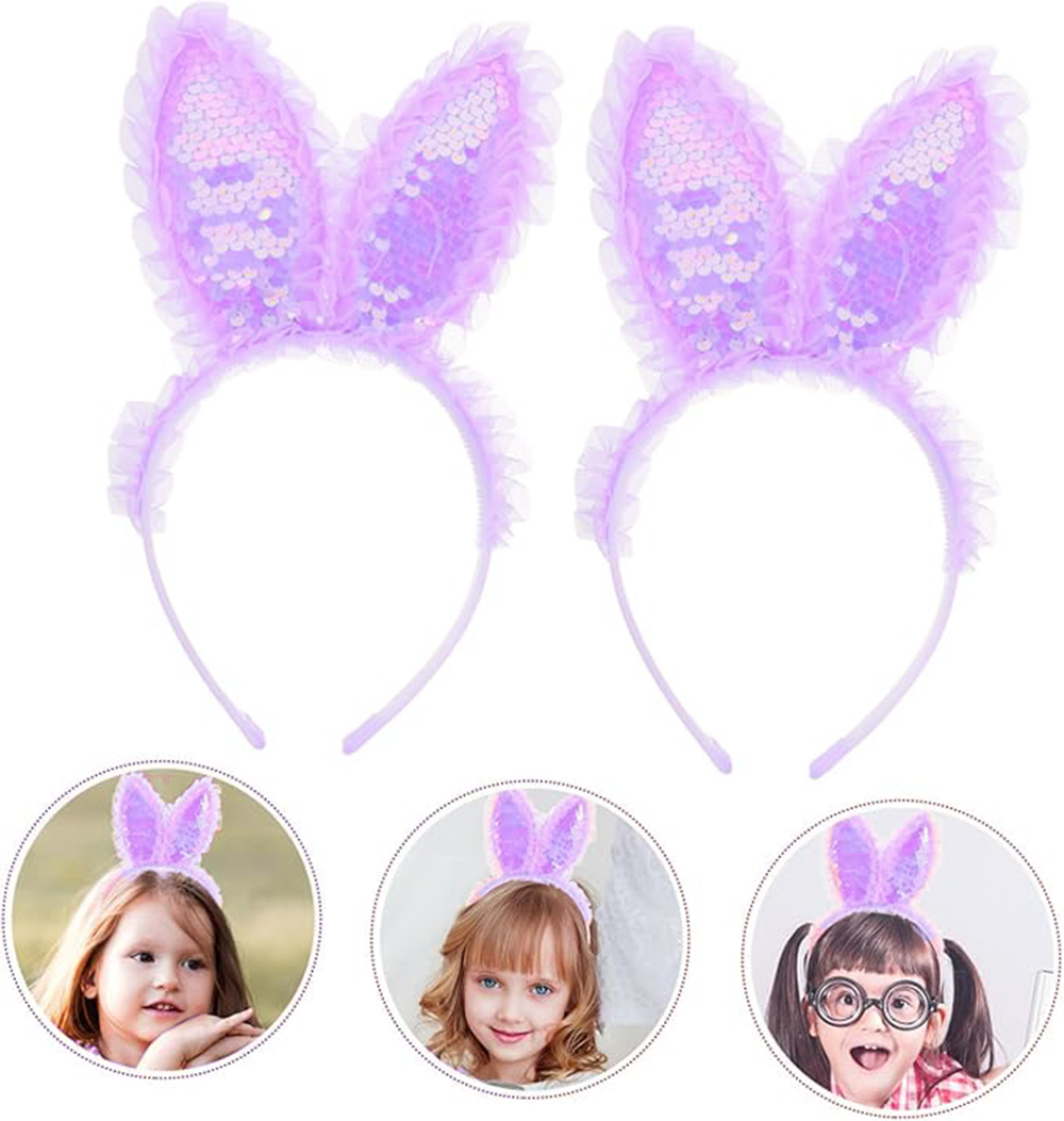 Kenarları Dantelli Mor Pullu Payetli Led Işıklı Tavşan Kulak Taç 23x19 cm