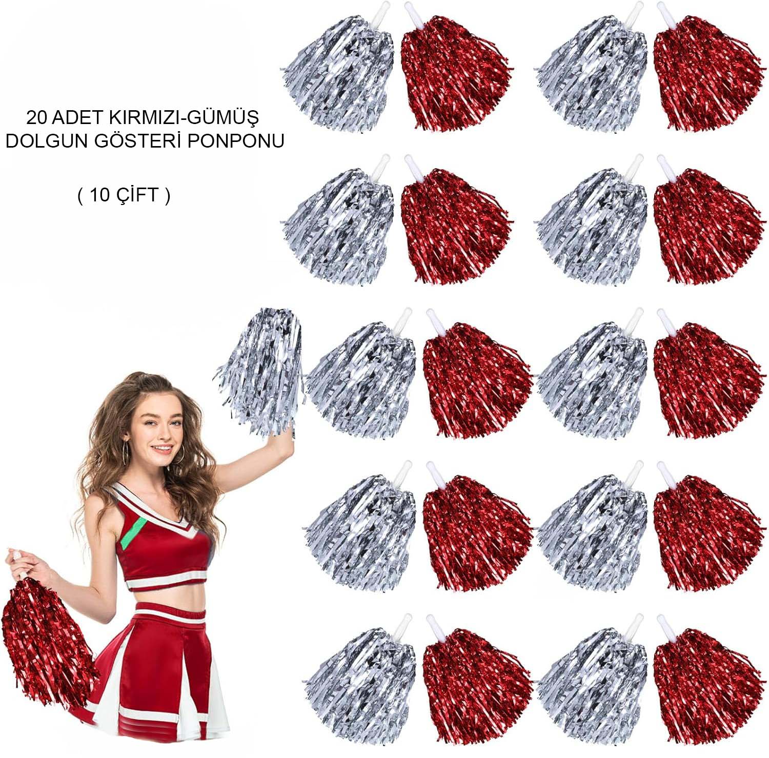 Kırmızı Gümüş Metalik Dolgun Gösteri Ponponu 20 Adet (10 Çift)