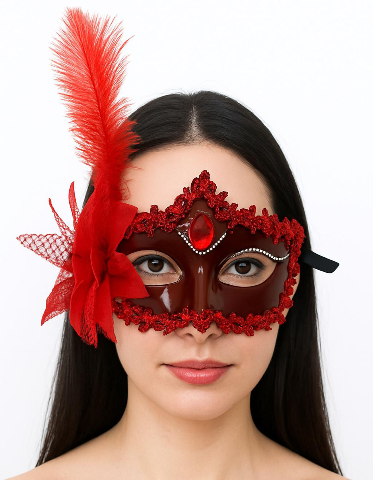 Kırmızı Mat Renk Yandan Tüylü Güllü Parti Balo Venedik Maskesi 16x22