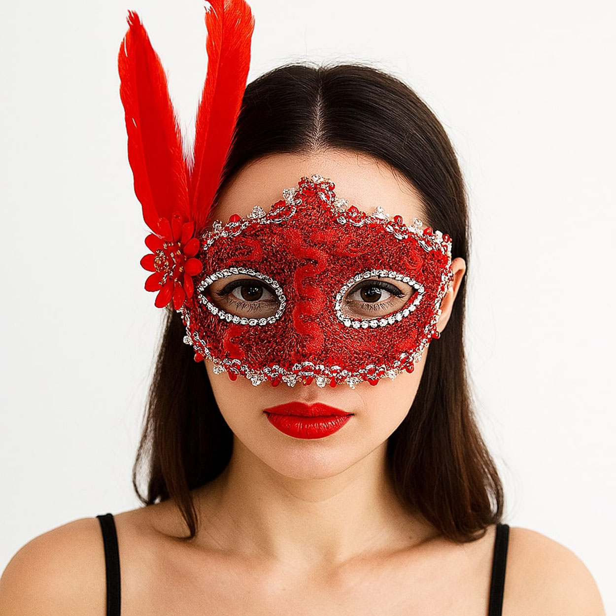 Kırmızı Renk Tüylü Dantelli Gözleri Taşlı Balo Parti Maskesi