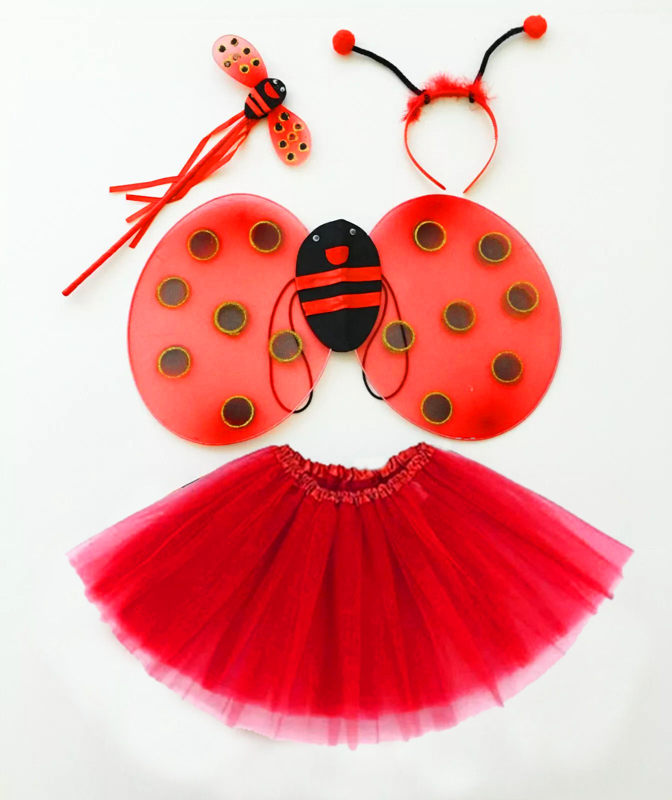 Kırmızı Uğur Böceği Ateş Böceği Kostüm Seti - (Tütü, Kanat, Taç, Asa)