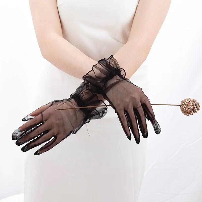 Kısa Boy Likralı Güpürlü Yetişkin Tül Eldiven Siyah Renk 