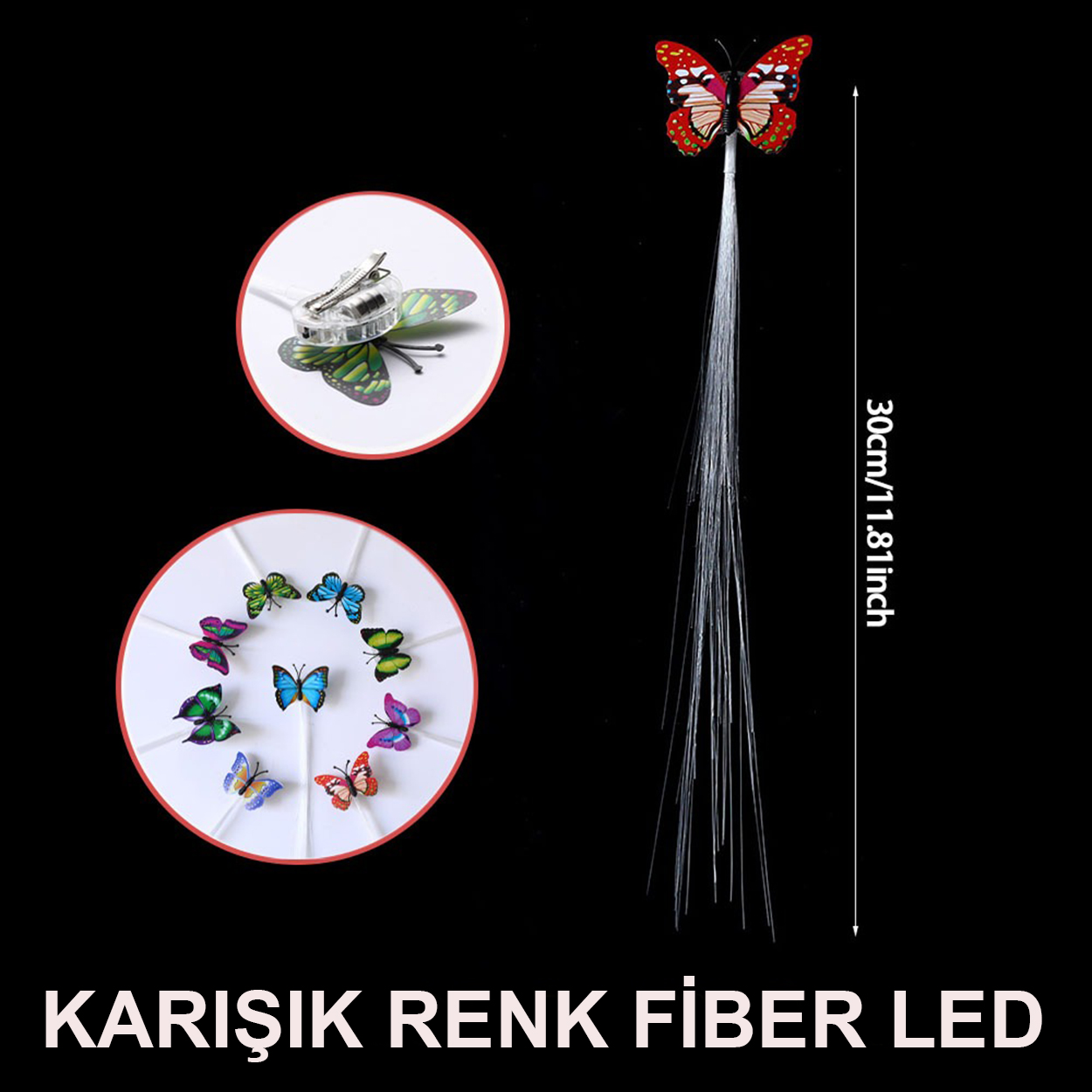 Led Fiber Optik Işıklı Kelebek Saç Klipsi 1 Adet 