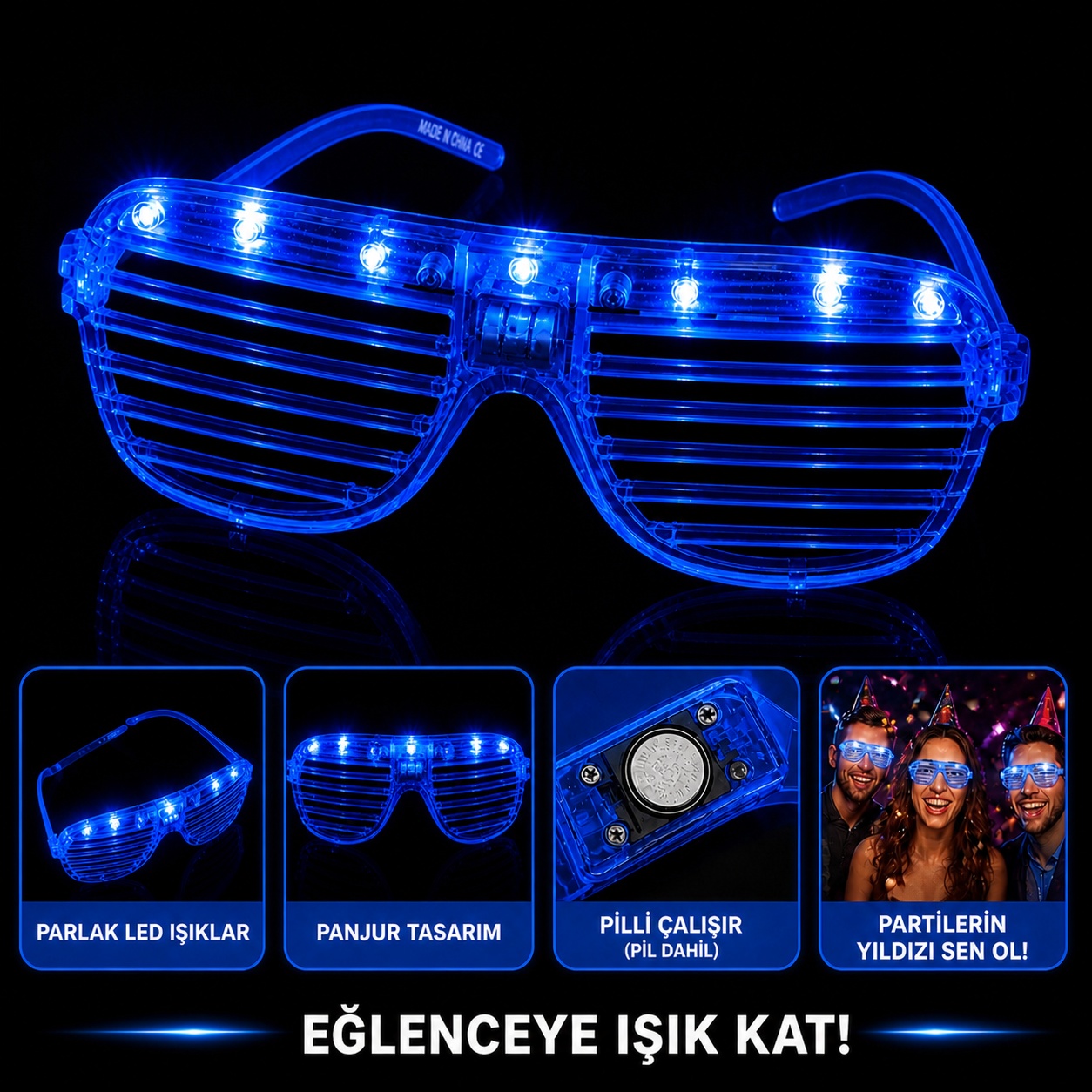 LED Işıklı Panjur Parti Gözlüğü Mavi Renk Shutter Gözlük