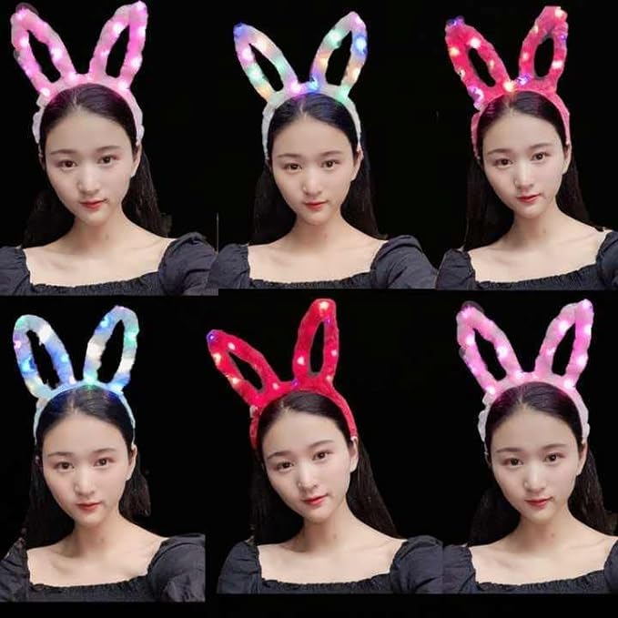 Led Işıklı Peluş Pofuduk Renkli Tavşan Kulak Taç 6 Renk 6 Adet