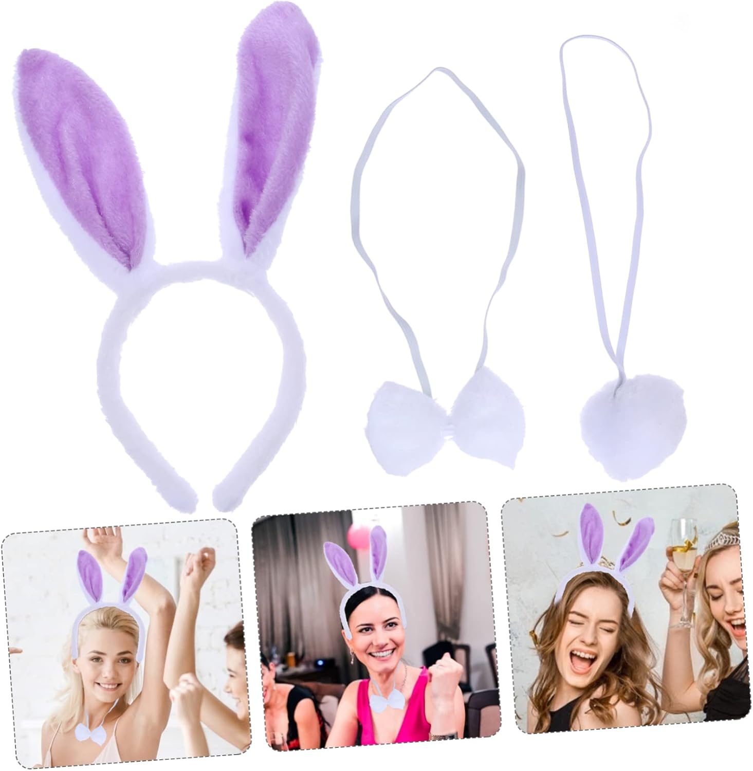 Lila Mor Tavşan Kulak Papyon Kuyruk 3'lü Parti Seti