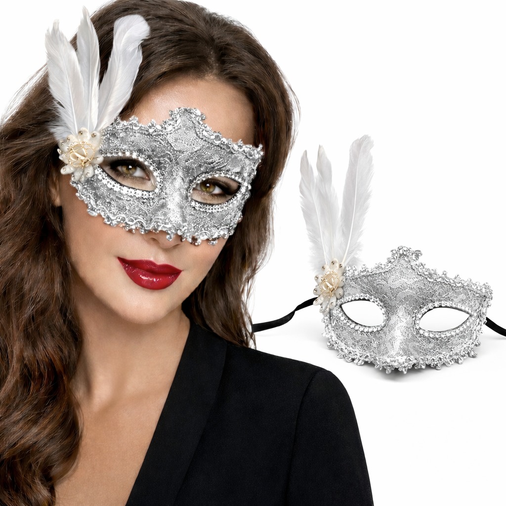 Lüks Beyaz Tüylü Venedik Maskesi – Taşlı Dantel Tasarım