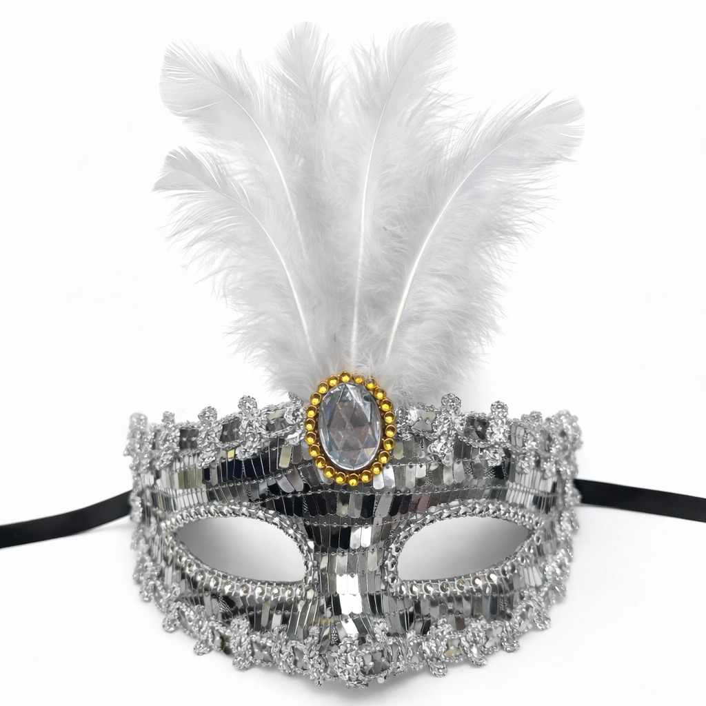 Lüks Gümüş Tüylü Taşlı Balo Maskesi