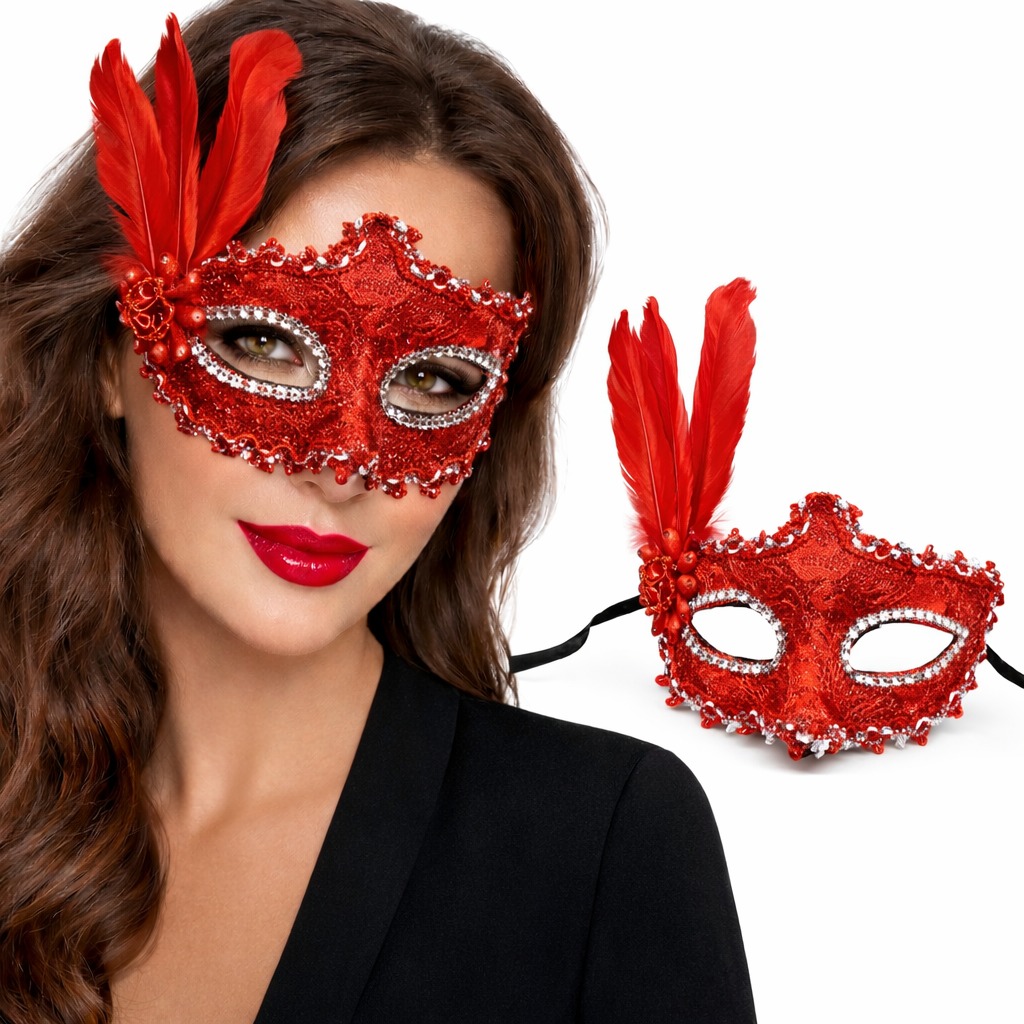 Lüks Kırmızı Tüylü Venedik Maskesi – Taşlı Dantel Tasarım