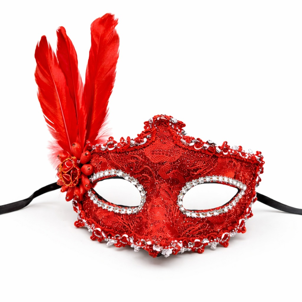 Lüks Kırmızı Tüylü Venedik Maskesi – Taşlı Dantel Tasarım