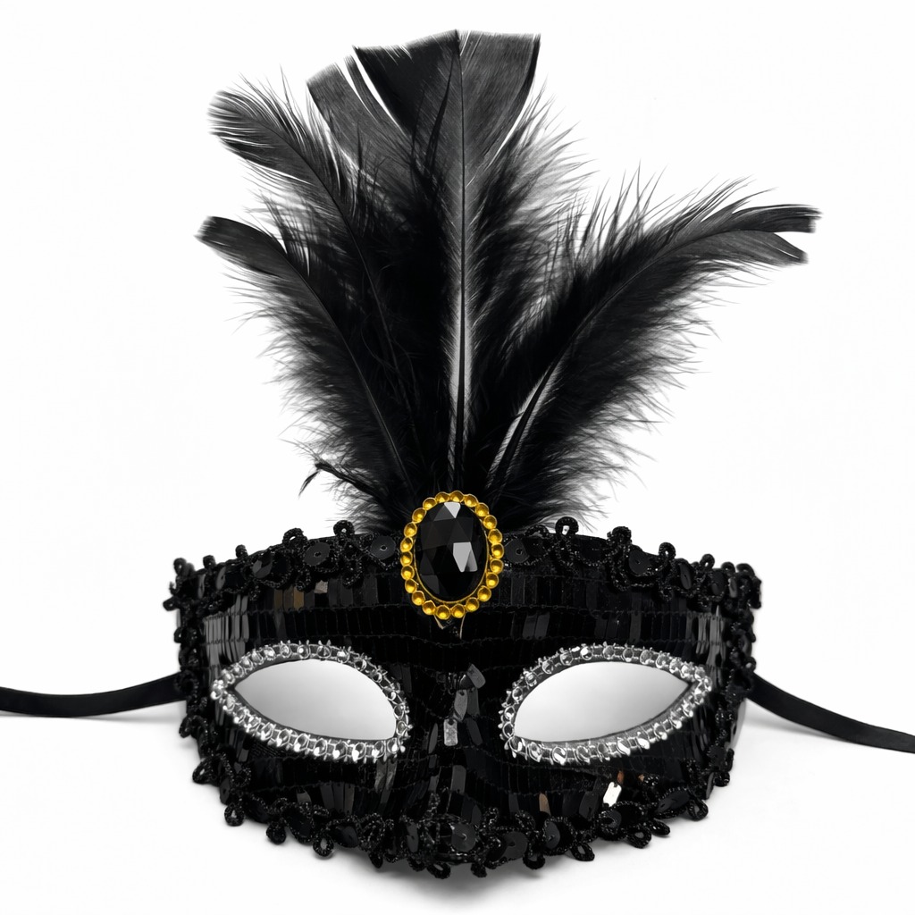 Lüks Siyah Tüylü Taşlı Balo Maskesi