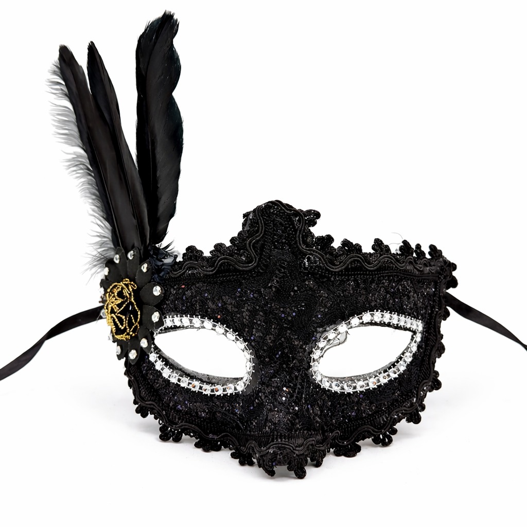 Lüks Siyah Tüylü Venedik Maskesi – Taşlı Dantel Tasarım