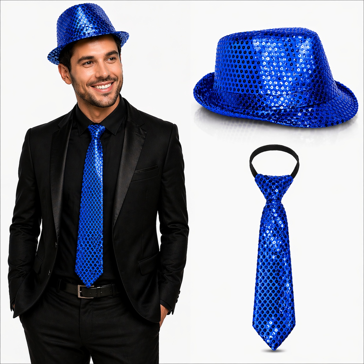 Mavi Payetli Şapka ve Kravat Seti – Işıltılı Parti Kombini