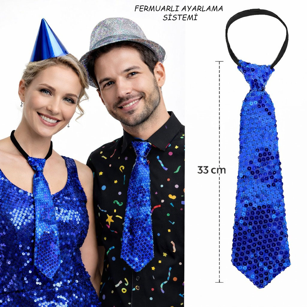 Mavi Renk Pul Payetli Işıltılı Parti Kravatı 33 cm