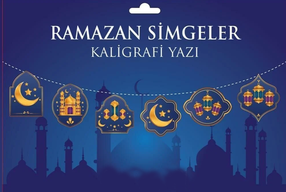 Mavi Üzeri Altın Renk Ramazan Koreografi Simgeler Banner Afiş 21x150 cm