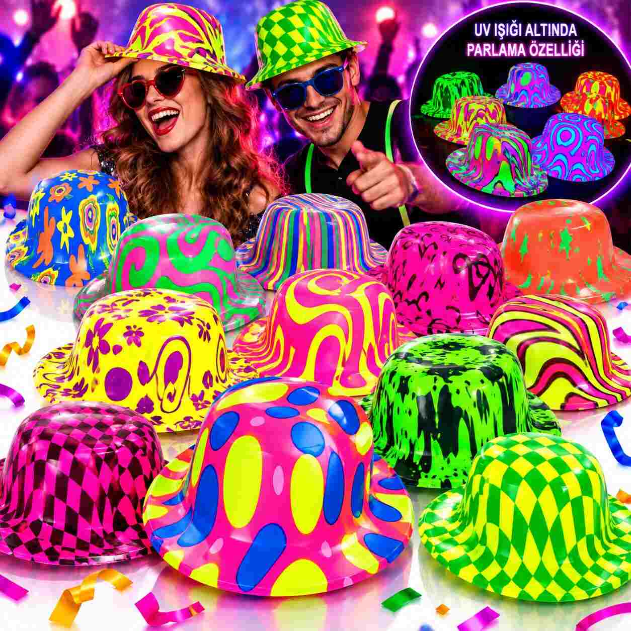 Neon Desenli UV Işıkta Parlayan Parti Şapkası – Karışık 1 Adet
