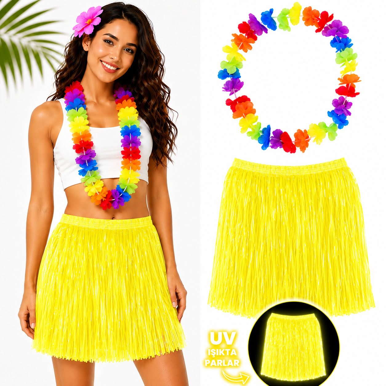 Neon Sarı Hawaii Etek 40 cm ve Rengarenk Hawaii Kolye 