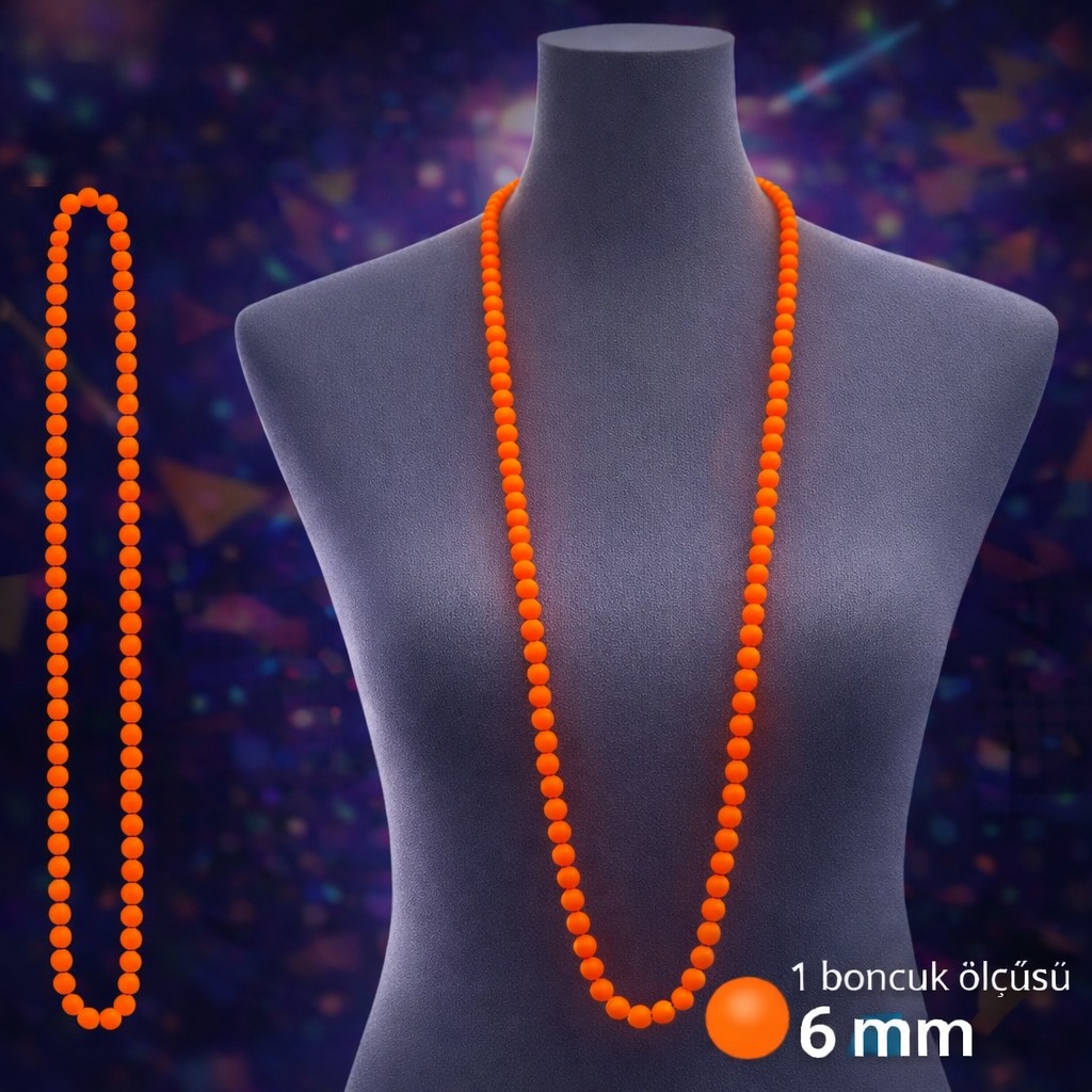 Neon Turuncu Boncuk Kolye 80 cm – Retro 80’ler 90’lar Parti Aksesuarı