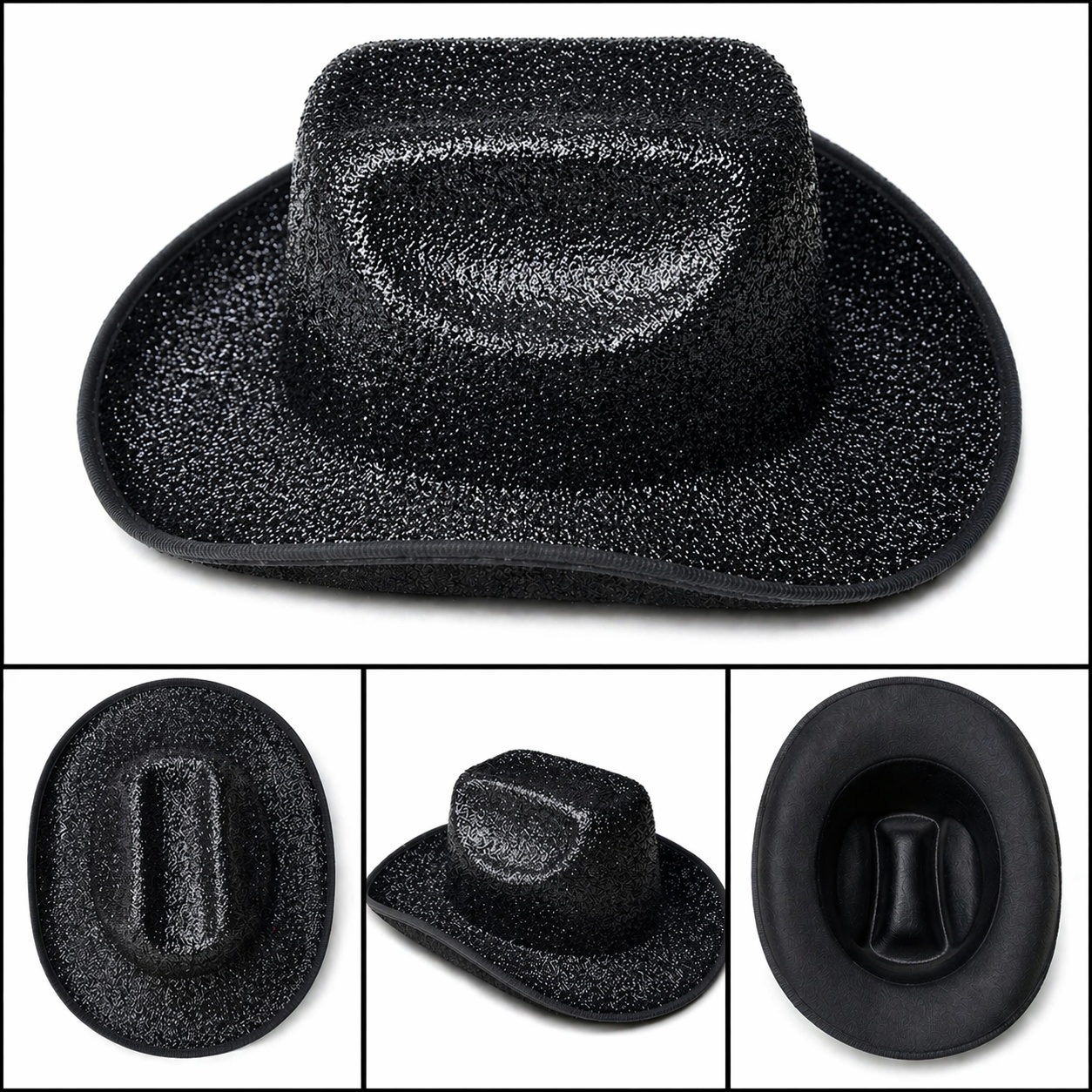 Parlak Siyah Kovboy Şapka Kadın Erkek Parti Disco Festival Şapkası