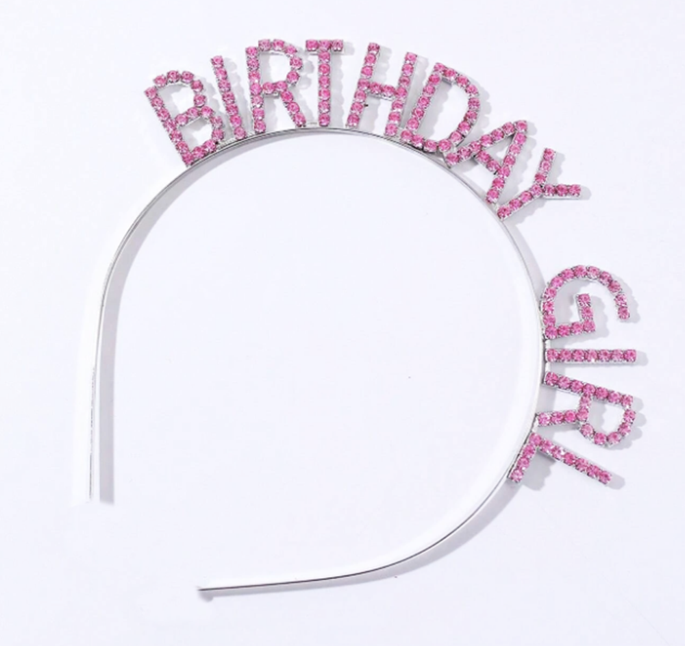 Pembe Renk Kristal Taşlı Parlak Birthday Girl Yazılı Taç 16x17 cm