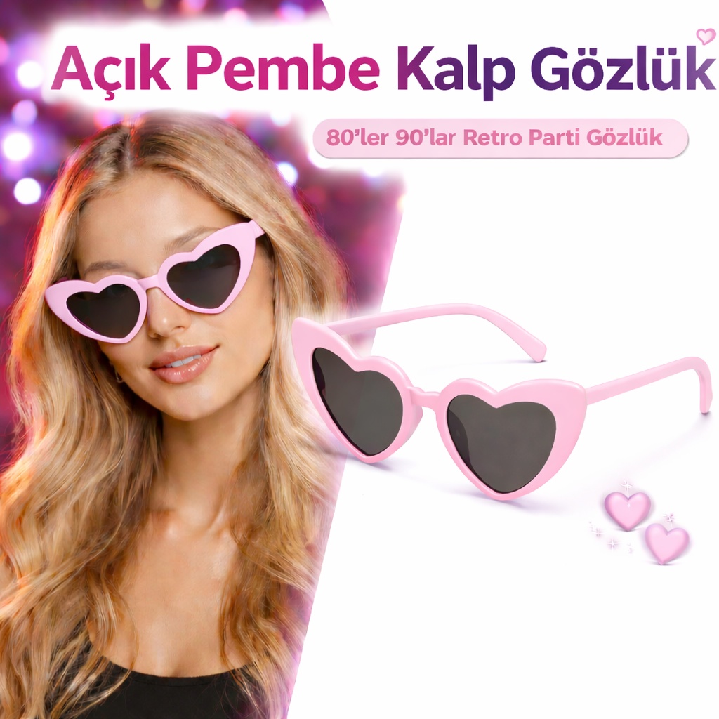 Pembe Retro Kalp Gözlük – 80’ler 90’lar Stil Parti Gözlüğü