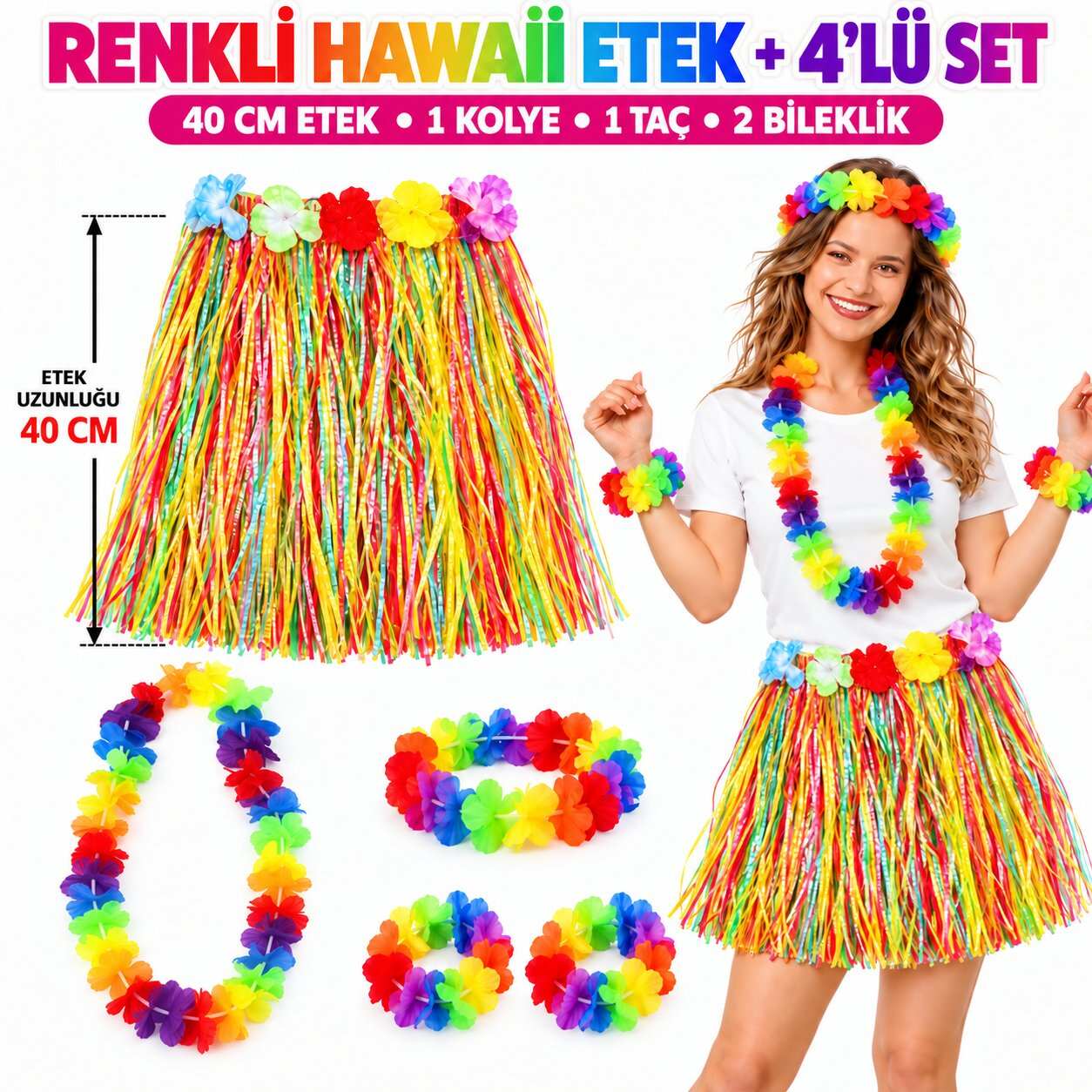 Renkli Hawaii Etek 40 cm ve 4’lü Hawaii Seti